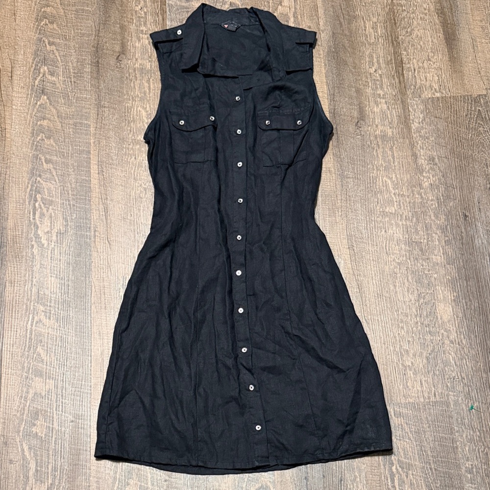 Guess Black Linen Shirt Dress Utility Button Front Sleeveless Size Small